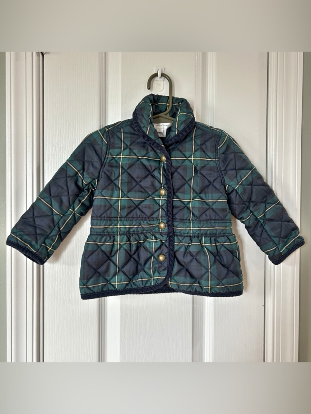 Ralph Lauren Toddler Quilted Jacket 12M Plaid Green Navy Button Coat Girls